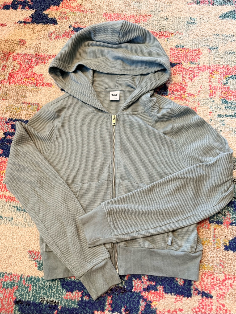 TNA Hooded Zip-Up Waffle Knit Sweater in Sage Green